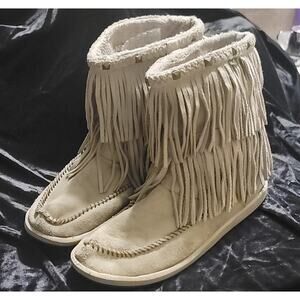 Sauka Women’s Suede Fringe Ankle Boots Tan Leather Booties Zipper Size 10